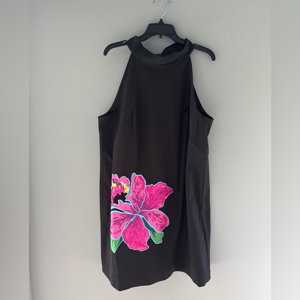 kate spade Black Halter mini Dress with Pink Floral Appliqué